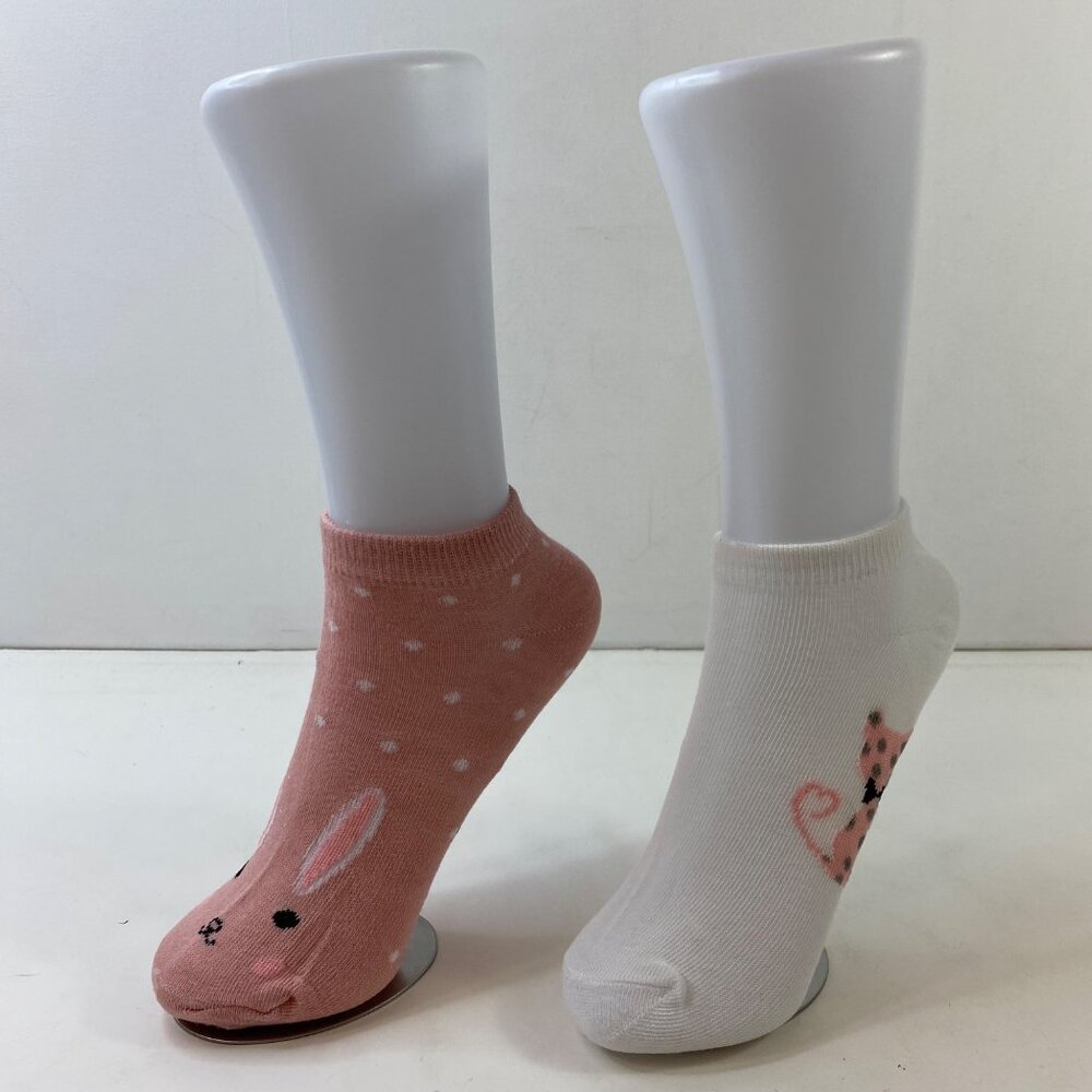 Womens Ankle Socks Set 2 Bunny Cat Print Polka Dots Pink White